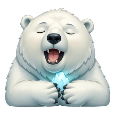 Cinematic Cute Yawning Polar Bear Portrait Emoji, Head tilted slightly with a dramatic, wide-open yawn, showcasing luxuriously thick fur and sleepy, half-closed eyes radiating drowsy contentment, Simplified yet irresistibly adorable features, highly detailed, glowing with a soft, cozy polar light, high shine, relaxed yet expressive, stylized with a dash of whimsical arctic charm, soft glowing outline, capturing the essence of a drowsy yet affectionate guardian that seems ready to stretch out for a nap! sticker