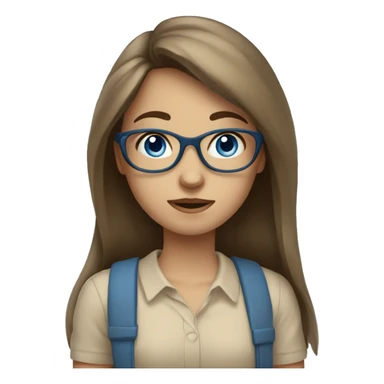 girl with brown long hair and bangs, blue eyes, glasses, beige shirt sticker