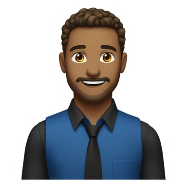 A man who looks about 25 years old, light-skinned with well-groomed brown hair and a slight goatee. He is wearing a blue shirt, a gold tie, and a black vest. He is smiling. sticker