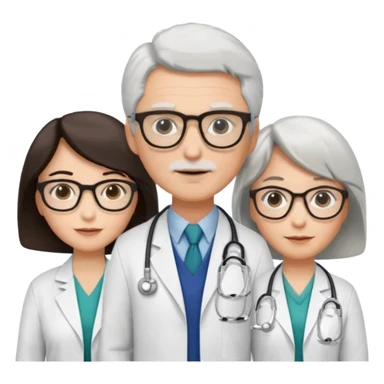 Four doctors standing together:

a female doctor with dark-colored short bob hair,

a young male doctor,

an older male doctor with white hair wearing glasses,

and a female doctor wearing glasses. sticker