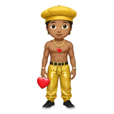 LL Cool J with yellow sequin baggy pants, shirtless with necklace with red heart, black hat sticker