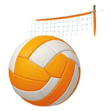 The scene captures a sunny sea beach atmosphere with clear blue sea and sky, palm trees swaying. A volleyball resting on the orange sand ground of a beach, with a volleyball net in the background.  sticker