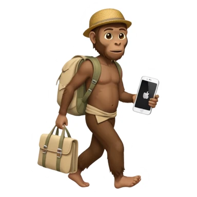 Draw an Australopithecus walking like a nomad, carrying a cloth bundle on its back and holding an iPhone and a laptop, in a cute flat iPhone emoji style. sticker