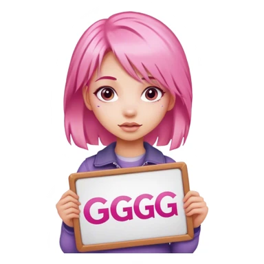 girl with pink hair, big sign, sign says GG sticker