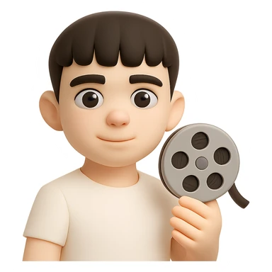 Make the character's skin tone lighter while keeping the same 3D cartoon style. Keep the film reel and white shirt as they are. Preserve the transparent background. The style should resemble a 3D fluent emoji style with a cartoonish look. sticker