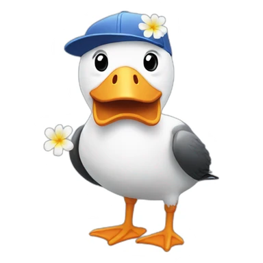 Smiling albatross with a baseball cap that has a flower on it sticker
