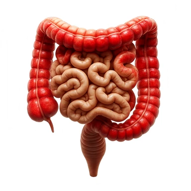 intestino umano anatomico realistico con gonfiori e rossori sul colon iperrealistico 4k sticker