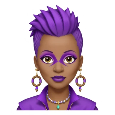 57yr old Qeen black woman with a natural hair mohawk style haircut adorning purple royalty clothing and purle lipstick and eyeshadow purple with a nose ring studs on each side. Wearing bamboo earr sticker