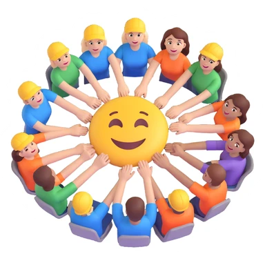 Show a group of diverse, happy employees actively engaged in a teamwork activity, such as collaborating on a project or joining hands in a circle, in the same 3D emoji style as before. sticker