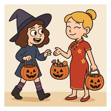 girl brown classic curls hair blue witch a witch costume purple stripes socks black boots girl yellow hair Chinese Girl Costume Red Oriental Dress red shoes some trick or treats  sticker