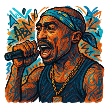 Tupac mid-rap, holding microphone, hip hop vibe, bandana, expressive face, graffiti-inspired sticker