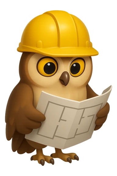 В стилистике эмоджи сгенерируй сову, которая увлеченно держит в крыльях развернутый план и смотрит в него, а на голове у нее каска строителя, прозрачный фон sticker