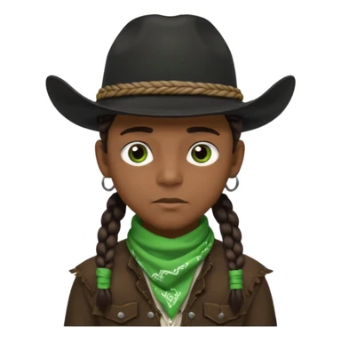 Black boy with three braids near each eye wearing a black cowboy hat with green bandana around his neck sticker