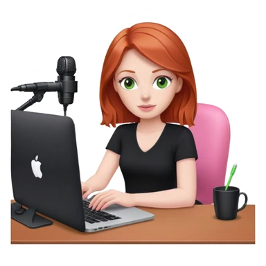 Redhead with green eyes sat at desk with pink MacBook and  podcast microphone black top and pink chair  sticker