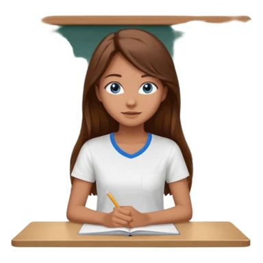 high school class room with a pretty female high school student with long brown hair, blue eyes sitting in front of the blackboard sticker