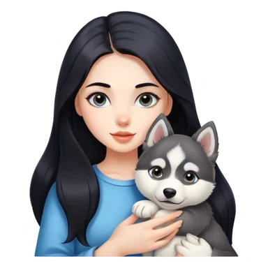 beautiful girl with long black hair holding a cute husky puppy sticker