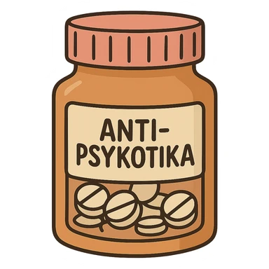cartoon style pill bottle labeled 'Antipsykotika', no face, arms, or legs sticker