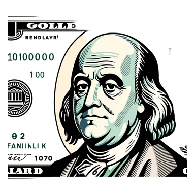 Hundred dollar bill but Benjamin Franklin is frowning on the bill sticker