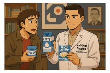 fai un webtoon manga a colori con questo stile, in cui un uomo ASCOLTA Il kinesiologo con il camice bianco (fagli anche la scritta "ANTONIO ANANIA" SUL CAMICE, IL KINESIOLOGO SPIEGA ALL'UOMO UNA MOSTRANDO VARI PRODOTTI DA SUPERMERCATO CONFEZIONATI (TIPO SCATOLA DI LATTE, MOZZARELLE CONFEZIONATE, FORMAGGIO CONFEZIONATO), OGNI CONFEZIONE HA LA SCRITTA "SENZA LATTOSIO SULL'ETICHETTA. L'UOMO OSSERVA IL KINESIOLOGO CON ESPRESSIONE CONFUSA IN VOLTO. non fare i fumetti però, fai solo in modo che sembri stiano parlando sticker