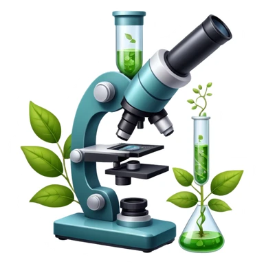 An icon featuring a microscope, a DNA strand, and plant leaves, symbolizing biology. The design includes cells, a test tube with a plant sample, representing life sciences, ecosystems, and the study of organisms. Transparent background highlights the exploration of living systems. sticker