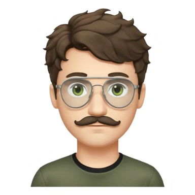 Light brunette wavy haired young man with pale skin and metal aviator glasses. Eyes are greenish grey and he has a moustache. Black t-shirt. sticker