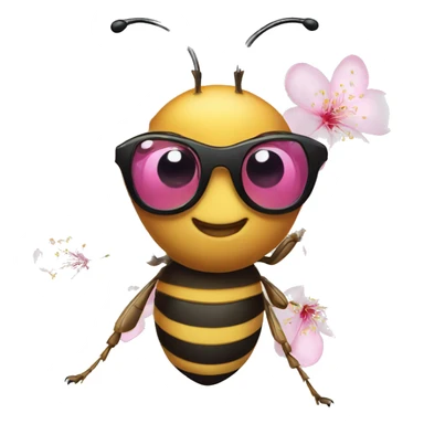 honey bee wearing glasses with a pink cherry blossom flower on its head sticker