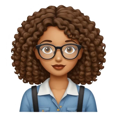 brown girl with wavy curly shoulder length hair. glasses, sticker