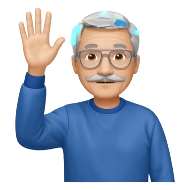 60 yr man partial gray hair parted in center, mustache, light glasses, sweatshirt waving hello sticker