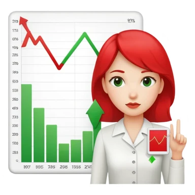 Female character displaying two small charts, green upward trending graph in right hand, red downward trending graph in left hand sticker
