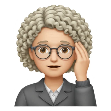 curly blonde/gray hair, glasses, one hand face palm duh sticker