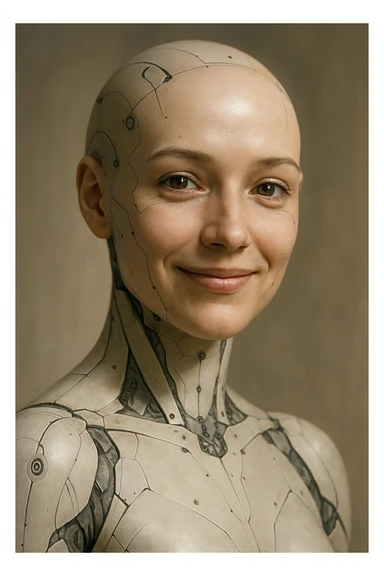 artificial intelligence, humanlike android, friendly face, subtle tech details, soft lighting sticker