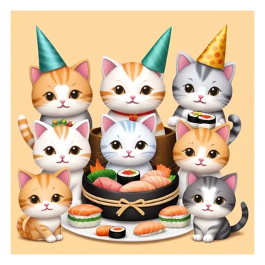 Nine kitties enjoying sushi birthday feast sticker