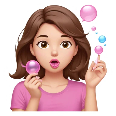 A digital illustration of a cartoon-style woman with shoulder-length brown hair, wearing a pink shirt. She is blowing a pink bubble gum bubble while playfully twirling a strand of her hair with her fingers. Her facial expression is relaxed and carefree. The background is plain white *3d emoji* sticker