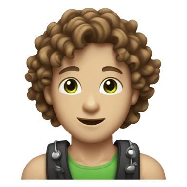White boy with brown curly wavey hair with green eyes and a necklace and braces sticker