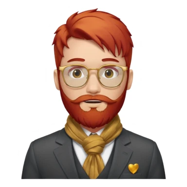 gray scarf, male,  beard, red hair, with suit, gold glasses sticker