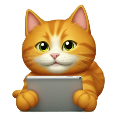 A happy orange cat lies on its back on a green sofa, holding a tablet. sticker