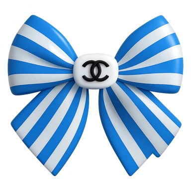 Change the striped bow to blue and white stripes, keep the small white Chanel logo visible, make the bow luxurious and glossy in a 3D emoji style. Remove the background. sticker