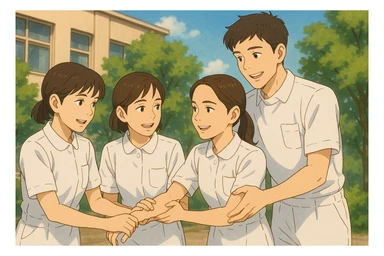 Three female nursing students of the same height and one taller male nursing student, all in white short-sleeve uniforms without stethoscopes, helping each other, faces inspired by photos, Ghibli style, positive atmosphere sticker
