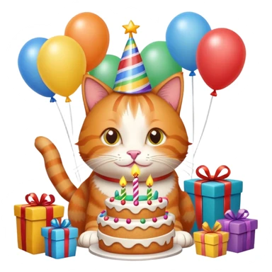 Ginger cat celebrates birthday, birthday hat, birthday cake, balloons, happy, gifts sticker