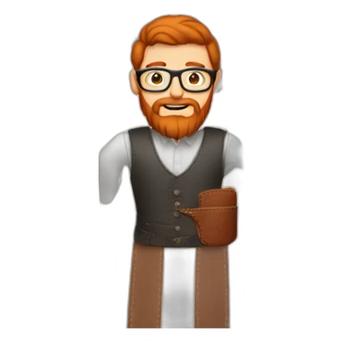Red smooth haired man with beard and glasses sewing a leather holster sticker