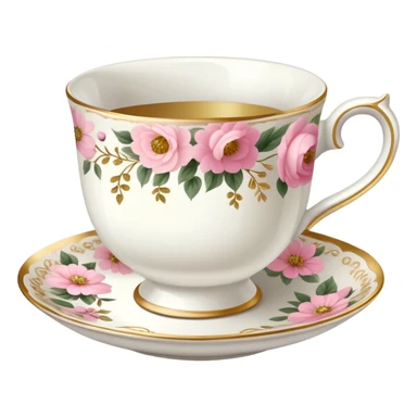 White teacup with baby pink floral antique print with gold accents  sticker