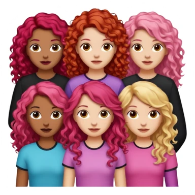 5 girlsone curly redhead, one with brunette dyed blonde hair, one long haired wavy brunette, one mid-length haired brunette, and one black haired girl with partially dyed bright red/pink hair sticker