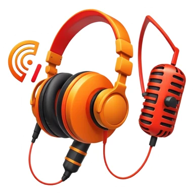 Create a dynamic and creative emoji that represents voiceover and dubbing. The design should feature a microphone, a pair of studio headphones, and sound waveforms to symbolize the recording and manipulation of voice. Add subtle details like a film reel or a speech bubble to represent the dubbing aspect. Use vibrant colors like orange, red, or purple to evoke energy and creativity in voiceover work. The background should be transparent. sticker