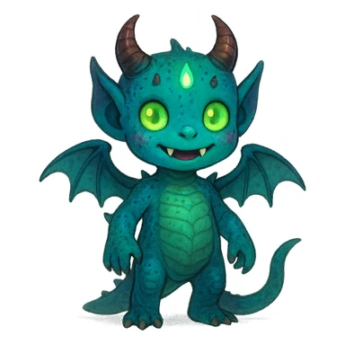whimsical endearing kid with 60% dragon features (reptilian features, wings), 20% demon traits (horns, fangs), and 20% alien traits (strange skin color, glowing elements) sticker
