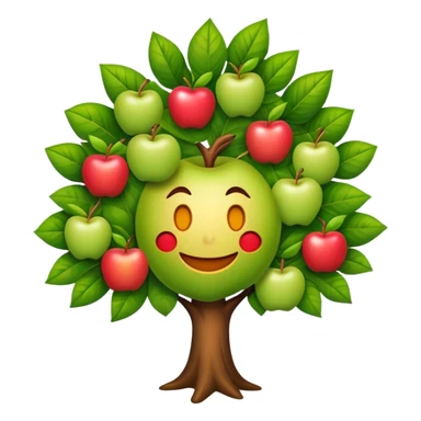 diseña a un árbol con cara sonriente y que las hojas tenga tres manzanas en cada lado o en cada parte de las hojas. sticker