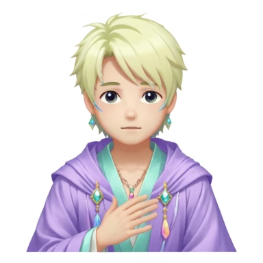 Beautiful gorgeous romantic blushing youthful handsome anime guy with beautiful iridescent-pastel-whitish-special-gently-tousled-medium-hair, fashion aesthetic, ethereal, fairycore, pastelcore, layered robes, accessories, jewelries, colorful, shiny, trending style, outside sticker