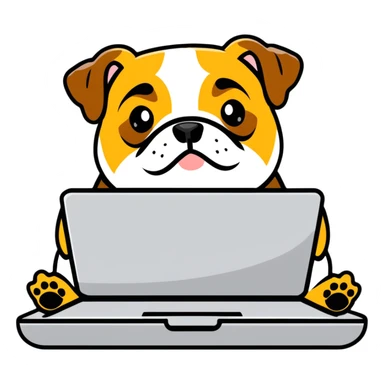 English bulldog with a laptop sticker