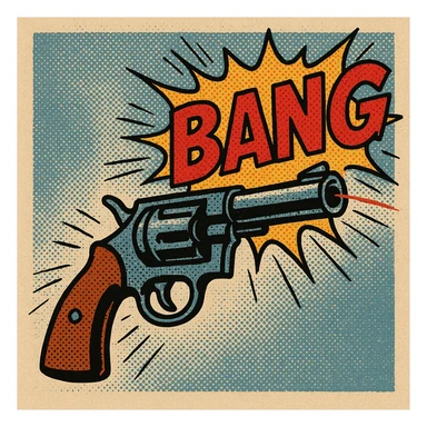 cartoon-style revolver firing with comic-style 'BANG' text popping out from the barrel instead of a bullet, old school comic book style, bright colors, exaggerated motion lines sticker