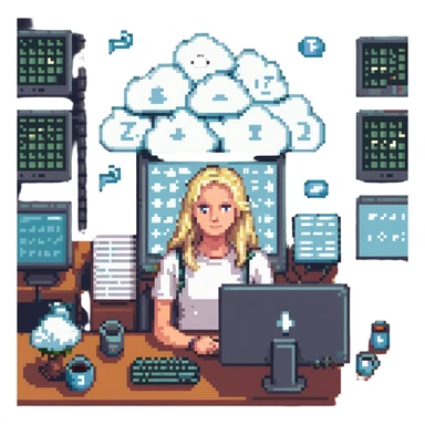 pixel art avatar of young blonde Dutch software engineer, age 28, surrounded by code and cloud symbols sticker