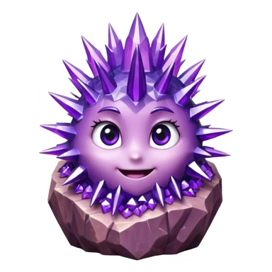 One spiky amethyst crystal rock character, short thick base covered in tall purple crystal spikes like a quartz cluster, faceted and sharp, adorable round face carved into the front of the base with big glossy eyes and a smile, 3D render, high detail, isolated on dark background.” sticker